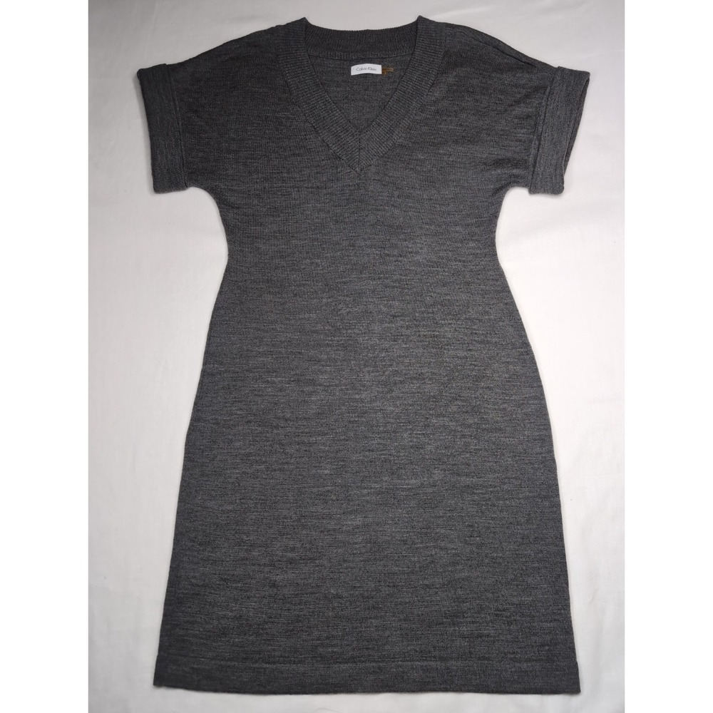 Vintage Calvin Klein Women's Large Merino Wool Blend V-neck Pencil Dress Gray
